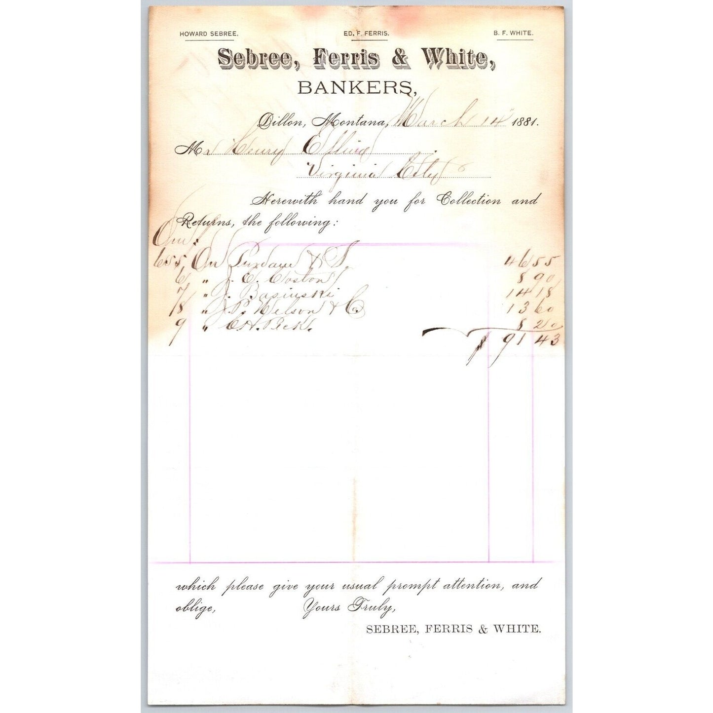 Sebree, Ferris & White Bankers Dillon, MT 3/14 1881 Statement Henry Elling*