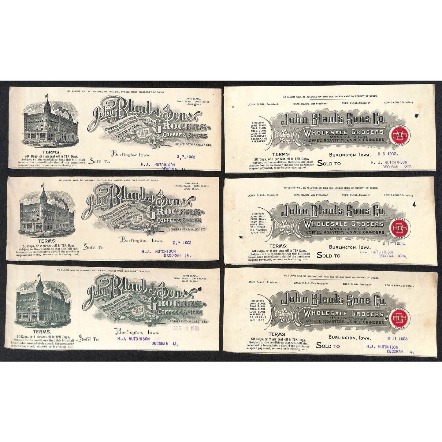 John Blaul Coffee Spices Burlington, IA Hutchinson* 6pc 1902-3 Cut Billheads