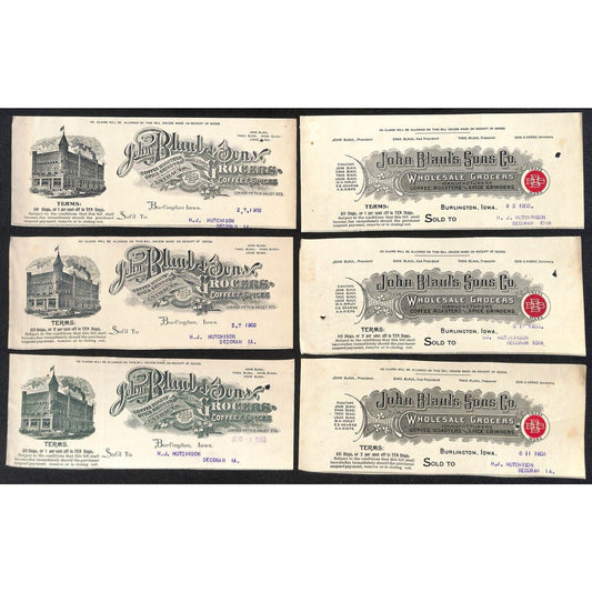 John Blaul Coffee Spices Burlington, IA Hutchinson* 6pc 1902-3 Cut Billheads