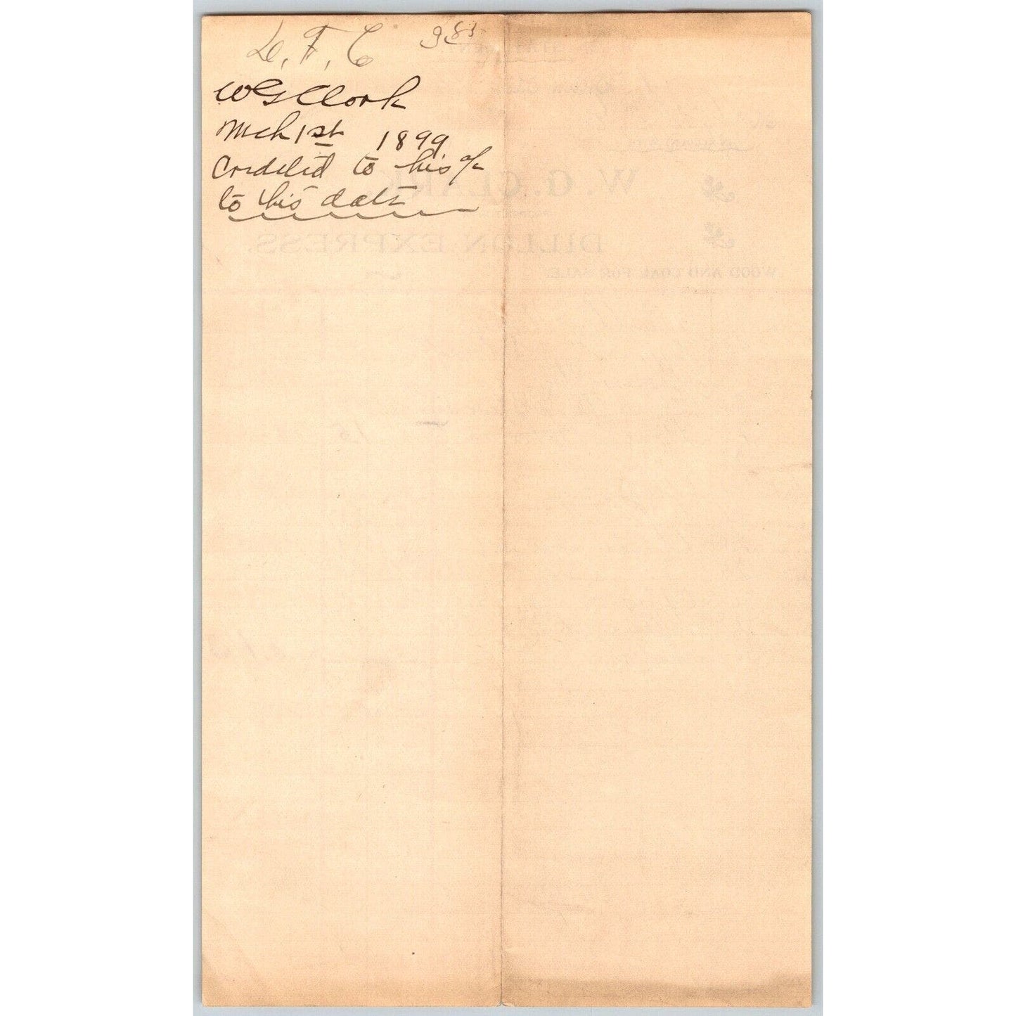 Dillon, MT W.G. Clark Dillon Express Expressman Coal & Wood Mar. 1899 Billhead