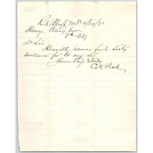 Feb 21 1881 C.H. Peck Red Bluff, MT ALS to Henry Elling* Virginia City, MT