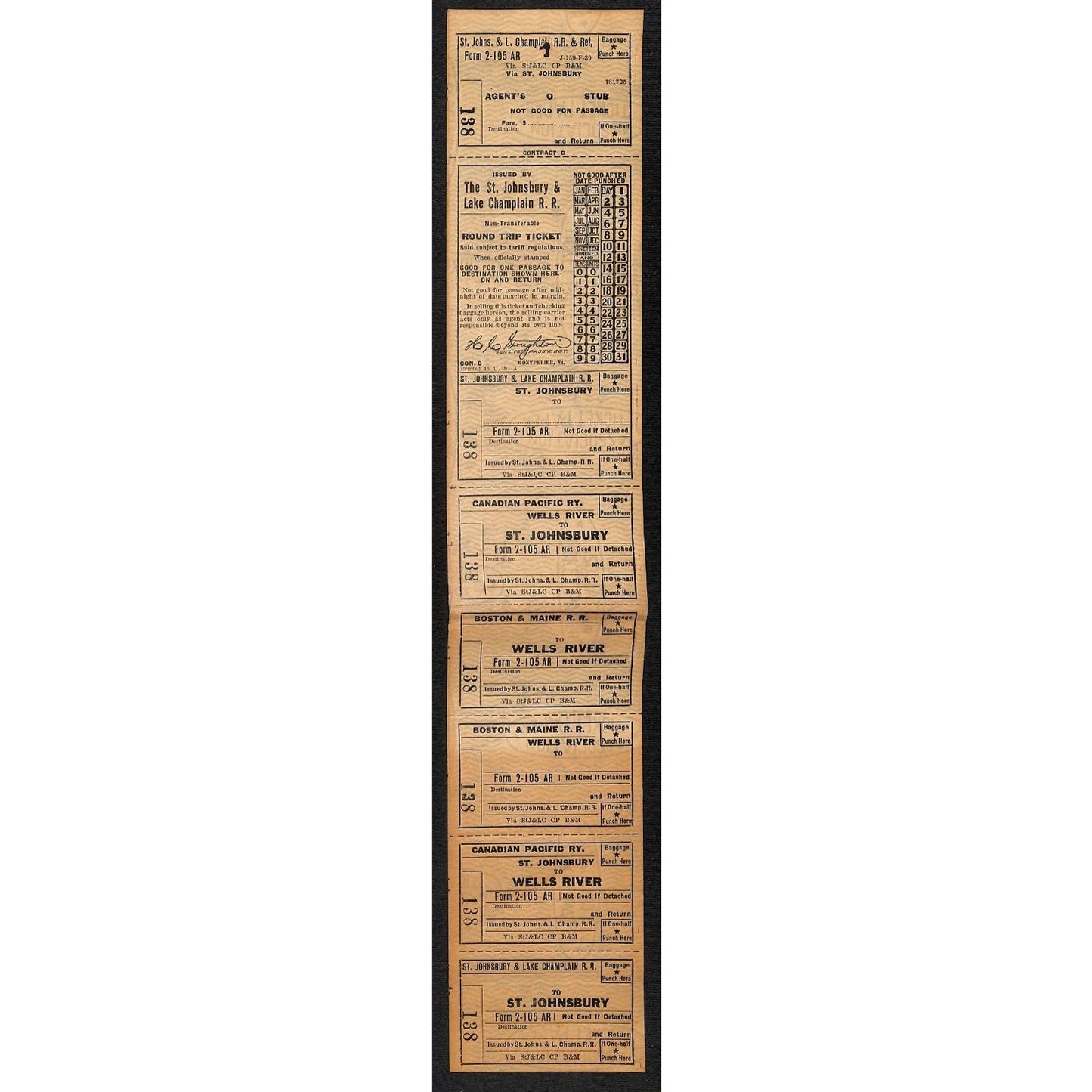 St. Johnsbury & Lake Champlain R.R.c1941 Unused Round Trip Ticket VGC