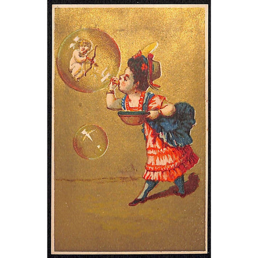 Blank Victorian Trade Card Girl / Woman Blows a Bubble Around Cupid