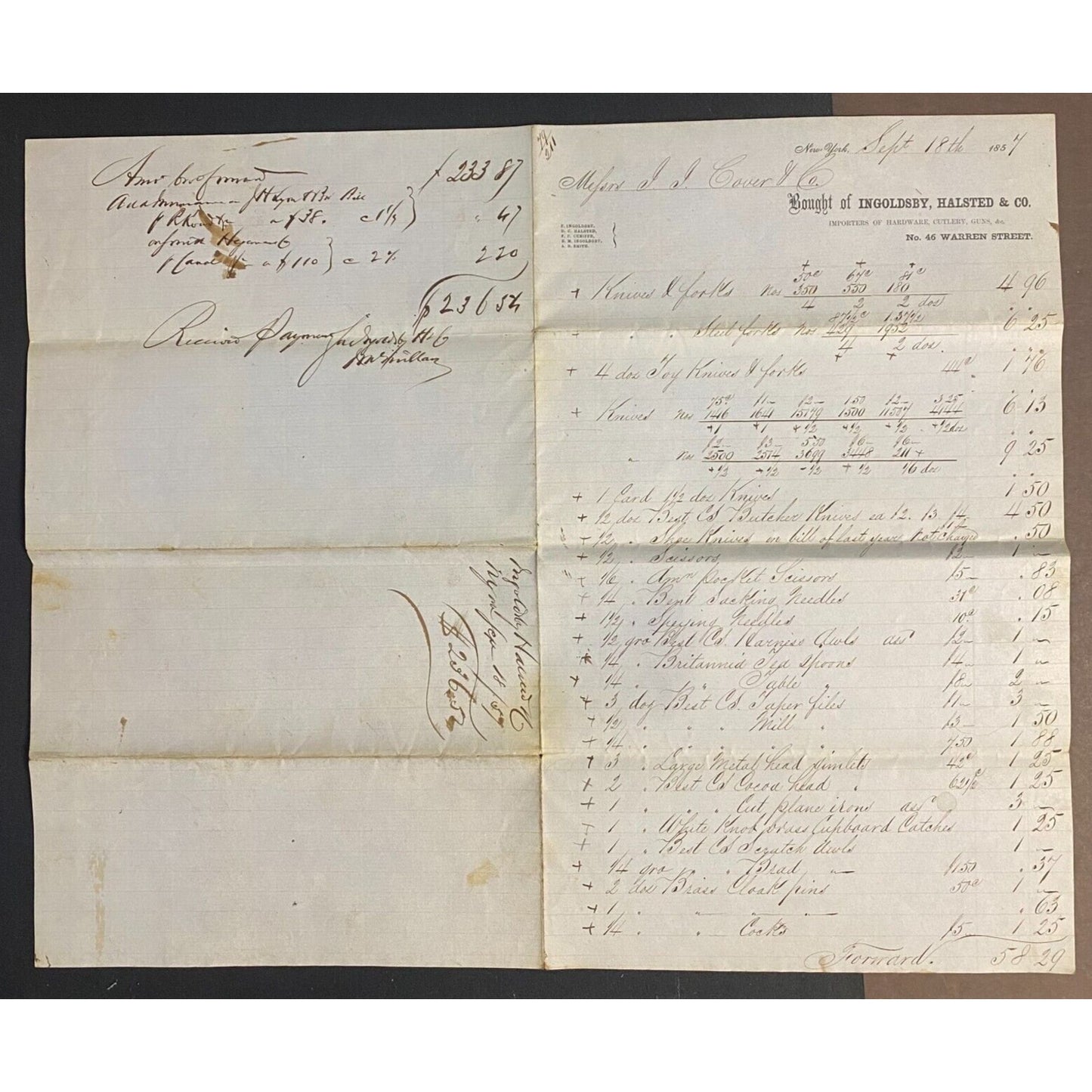 Ingoldsby, Halsted & Co NYC 1857 J.J. Cover, Johnsville, OH* Lg. Billhead Scarce