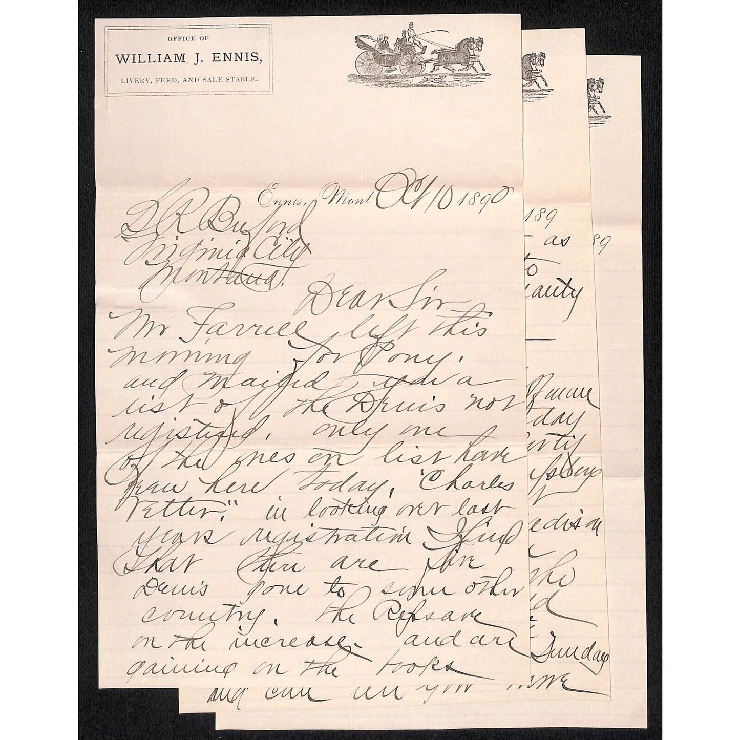 Ennis, MT William J. Ennis Livery Stable Feeds 1890 3pp ALS to Buford* Carriage