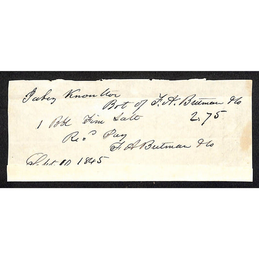 1845 Jabez Knowlton* Newburgh, ME General Store Receipt for $2.75 "Bbl of Salt"