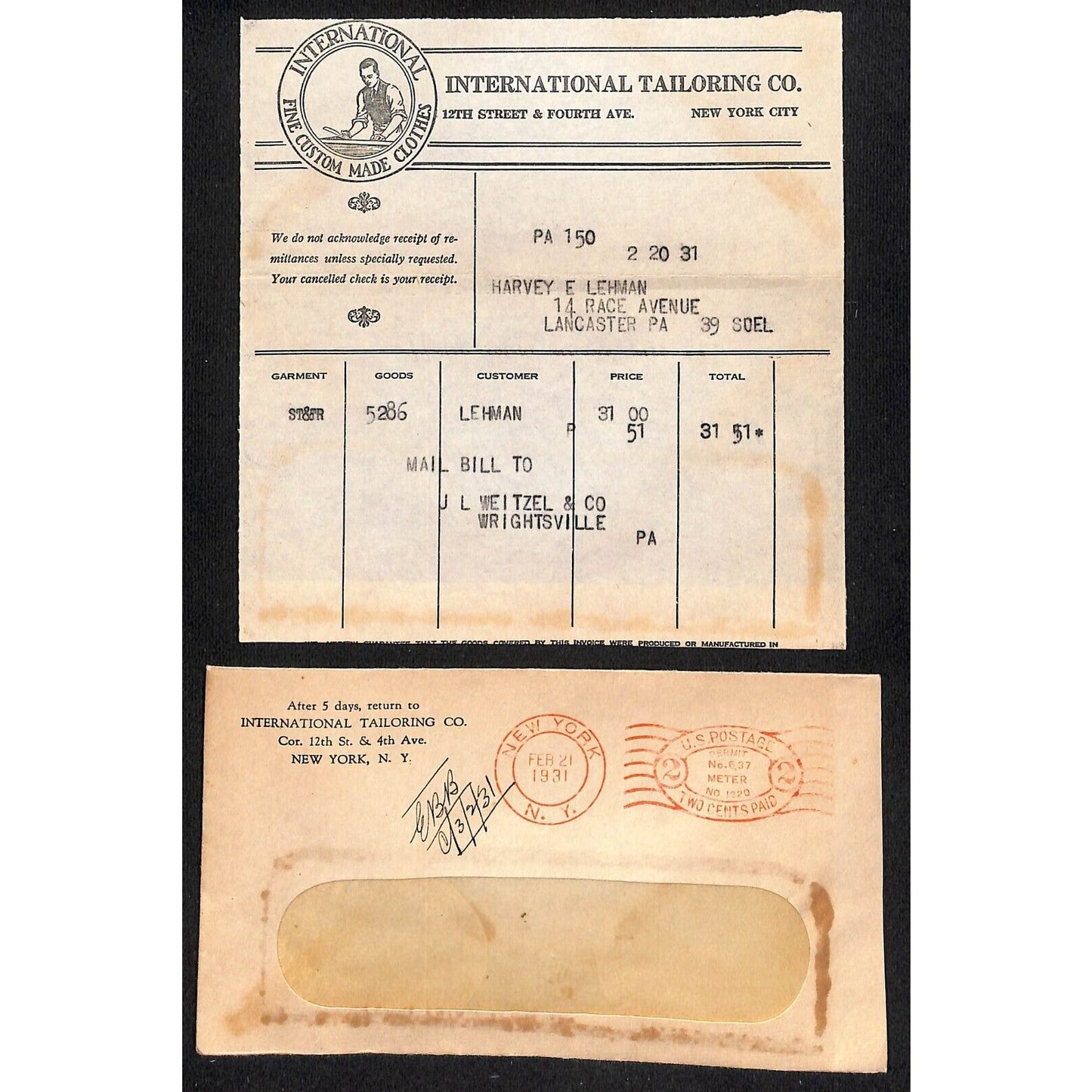 International tailoring Co. 12th St. & Fourth Ave NYC 1931 Billhead + Cover