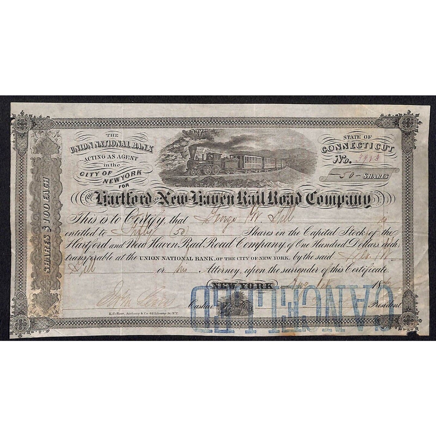 Hartford and New Haven Railroad 1872 Stock Certificate to: "George M. Gill"