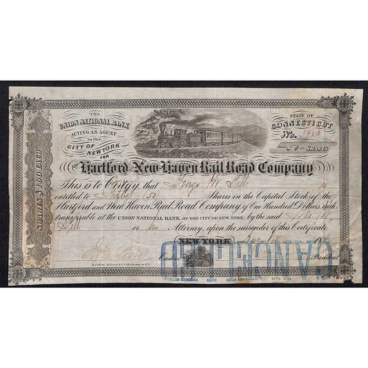 Hartford and New Haven Railroad 1872 Stock Certificate to: "George M. Gill"