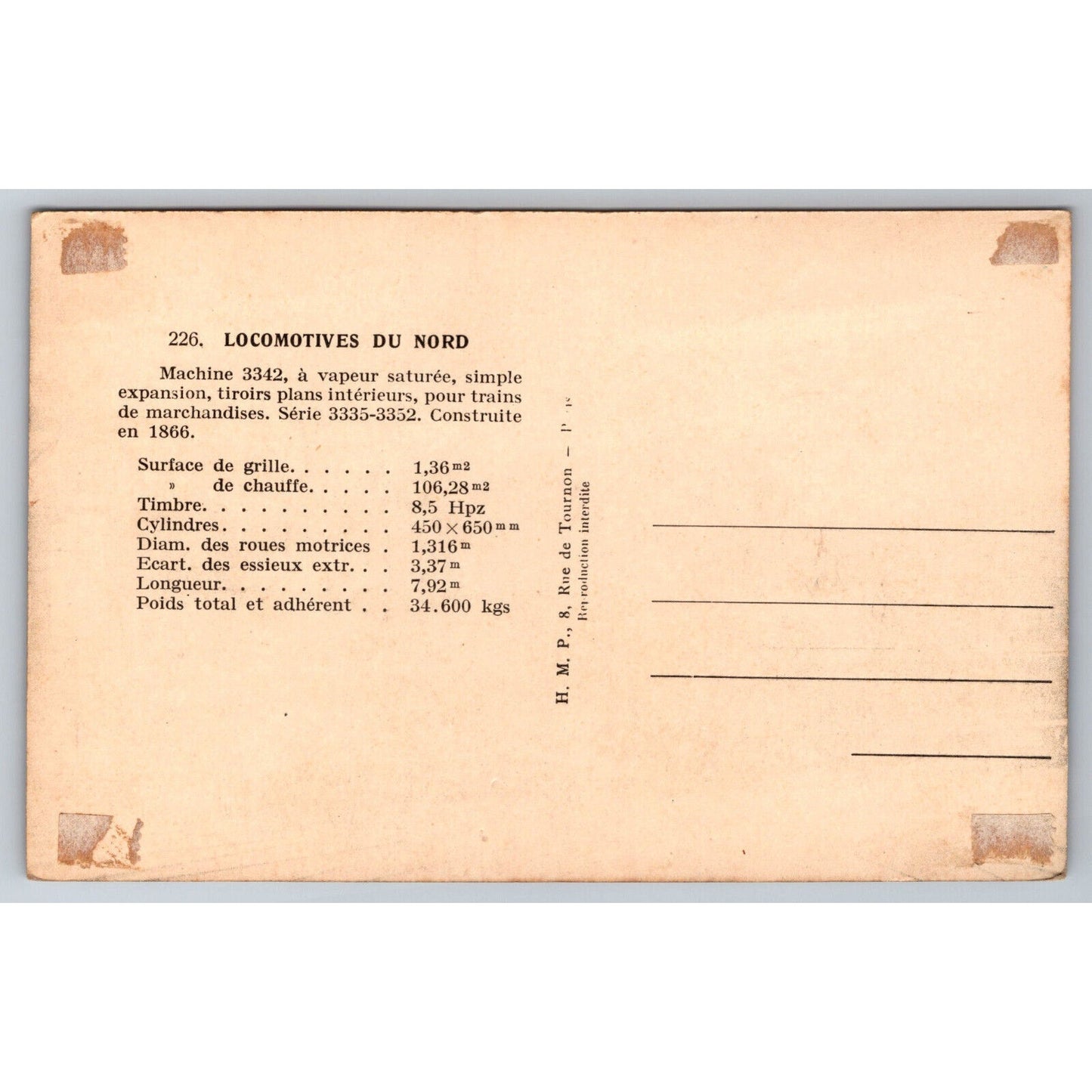 French Railroad RPPC* Postcard Machine 3342 Series 3335-3352 1866 H.M.P.