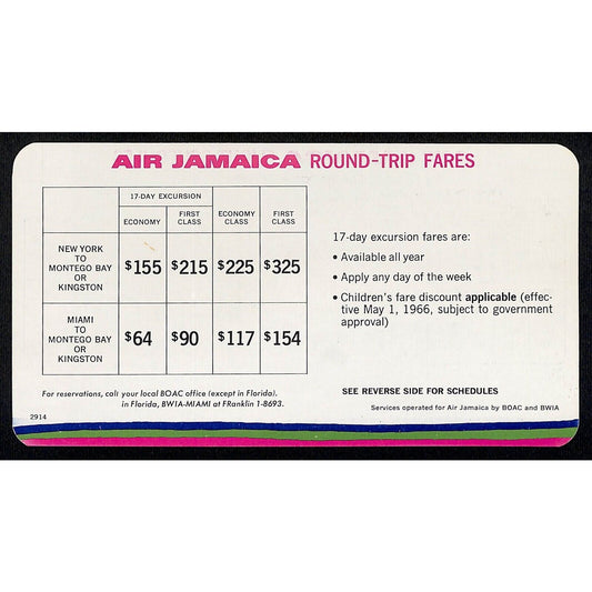 Air Jamacia / BOAC 1966 Round-Trip Fares / Flight Schedules Card