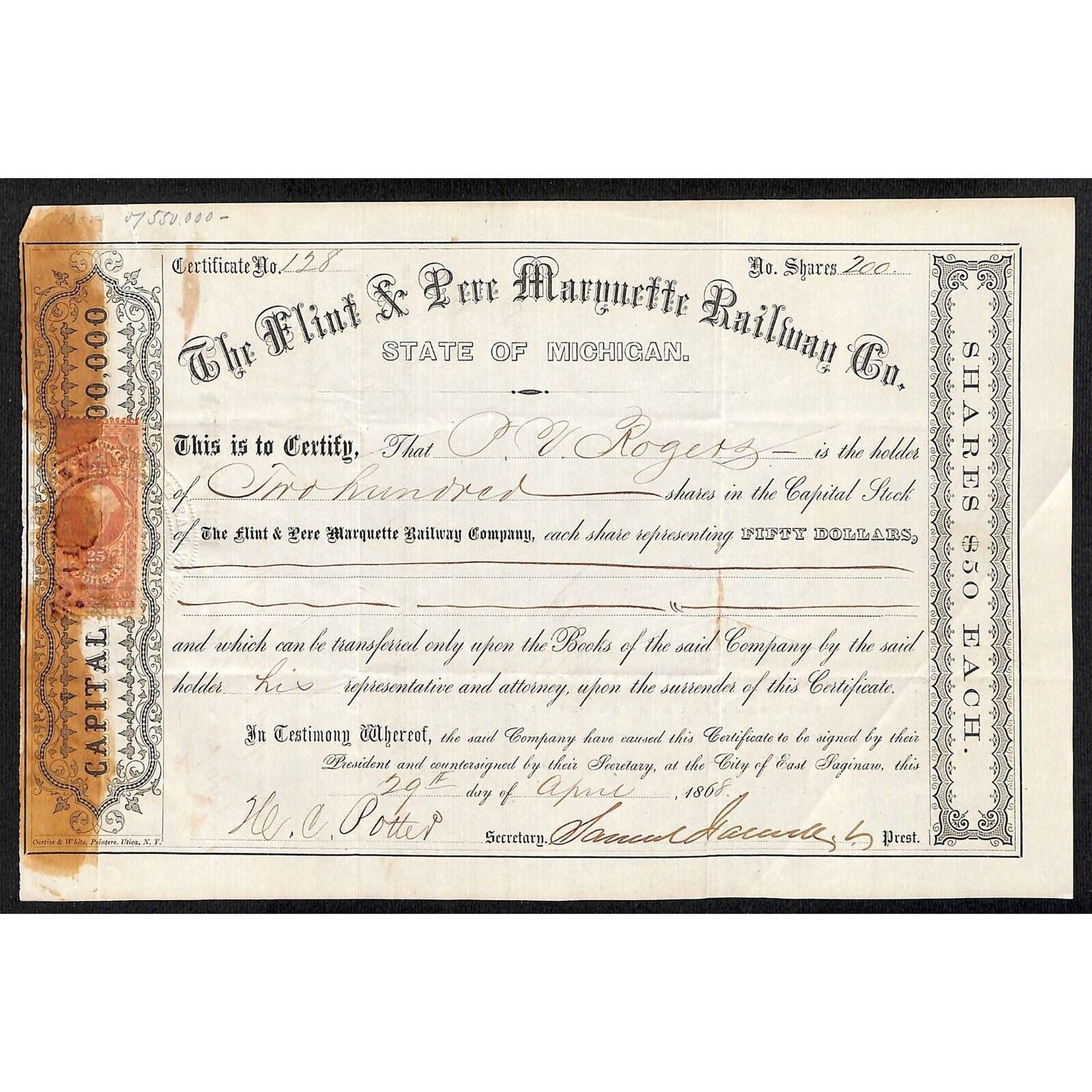 Flint & Pere Marquette Railway 1868 Stock Certificate to: P. V. Rogers ? #128