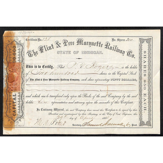 Flint & Pere Marquette Railway 1868 Stock Certificate to: P. V. Rogers ? #128