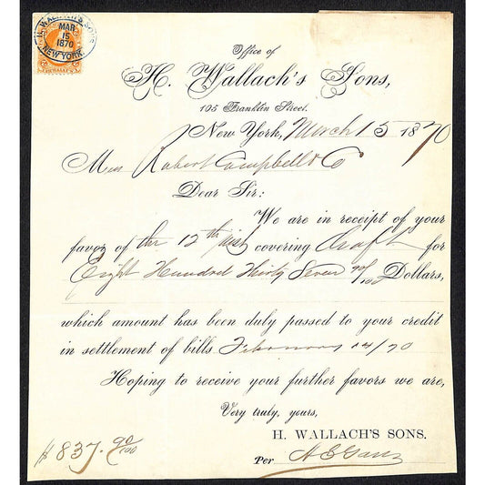 H. Wallach's Sons (Shirts) Franklin St. NYC Campbell 1870 Receipt w/ Tax Stamp