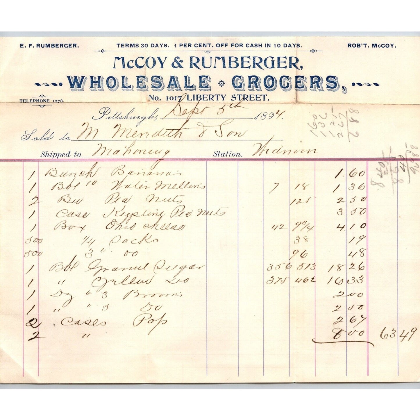 McCoy & Rumberger Grocers Liberty St. Pittsburgh 1894 Billhead VGC