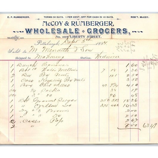 McCoy & Rumberger Grocers Liberty St. Pittsburgh 1894 Billhead VGC