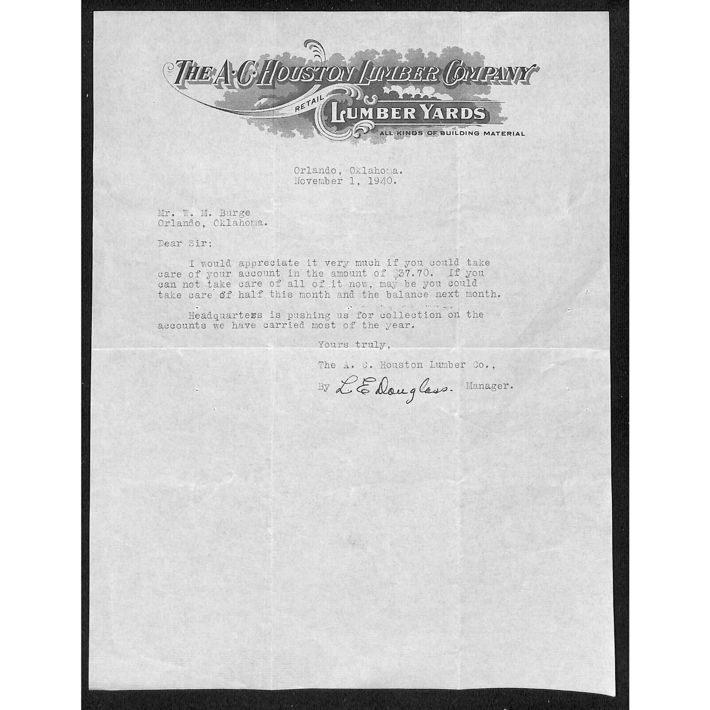 1940 A.C. Houston Lumber Co / Lumber Yards Orlando, OK Letterhead