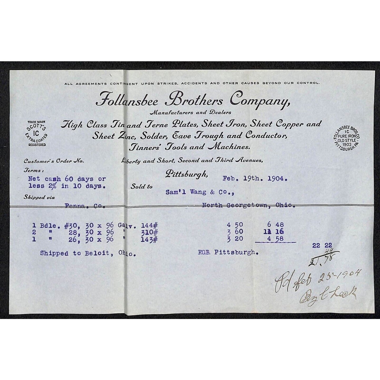 Follansbee Brothers Pitts. Samuel Wang Co.* N. Georgetown 1904 Billhead & Cover