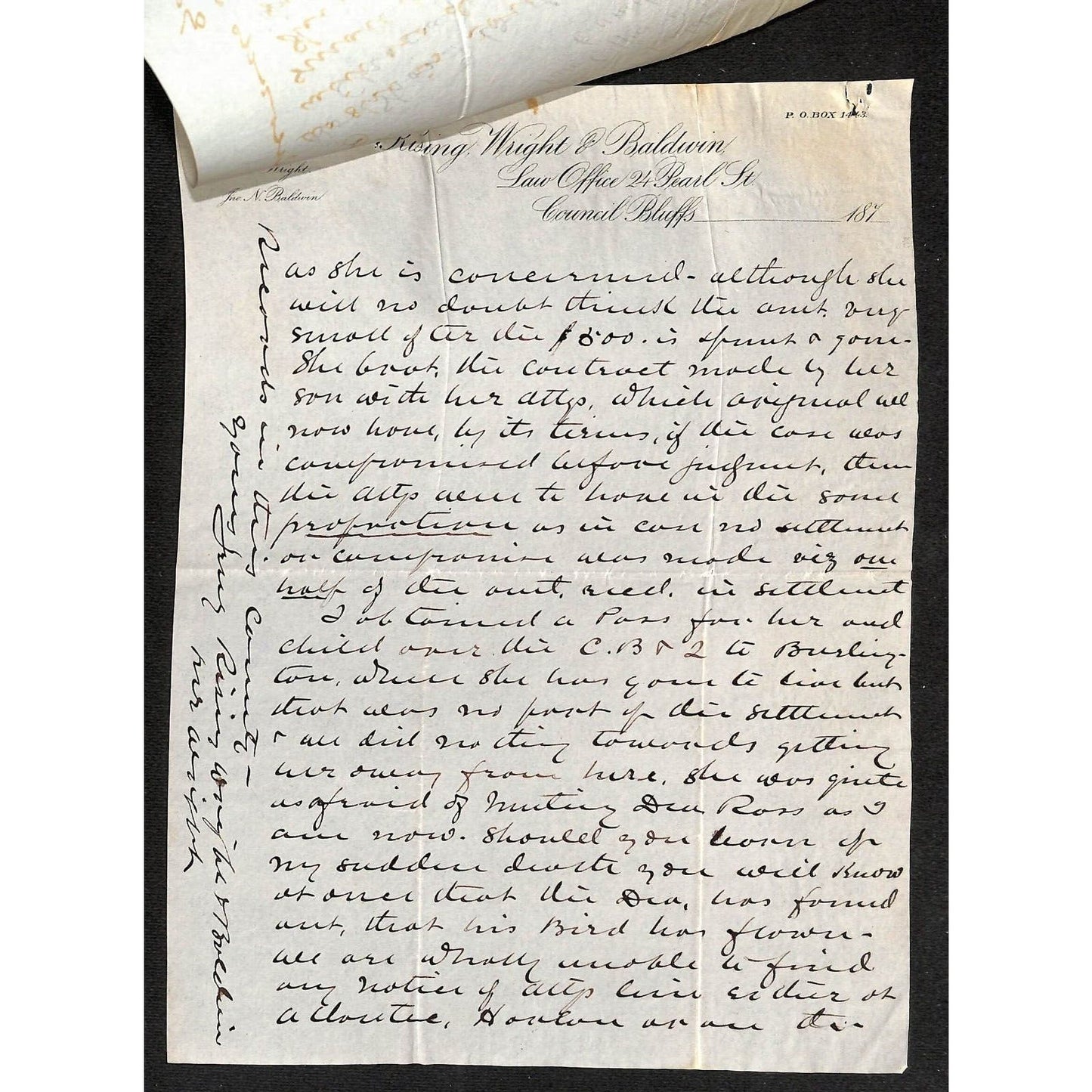 Rising, Wright & Baldwin Des Moines Attorneys 1877 2pp Letterhead R.R. Lawsuit