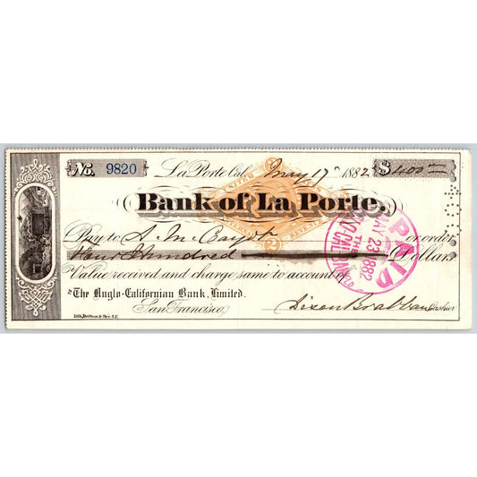 Bank of La Porte Check A.M. Cayor ? 1882 Mining Vignette RN-G1 Rev Stamp #9820