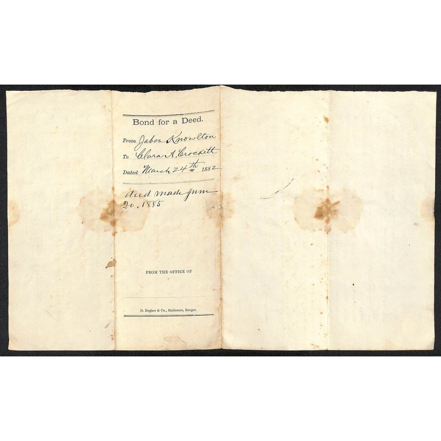 1882 Bond for a Deed Document Jabez Knowlton* Newburgh, ME Crockett Dixmont, ME