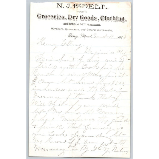N.J. Isdell Pony, MT Dry Goods 1880 ALS Billhead Henry Elling*