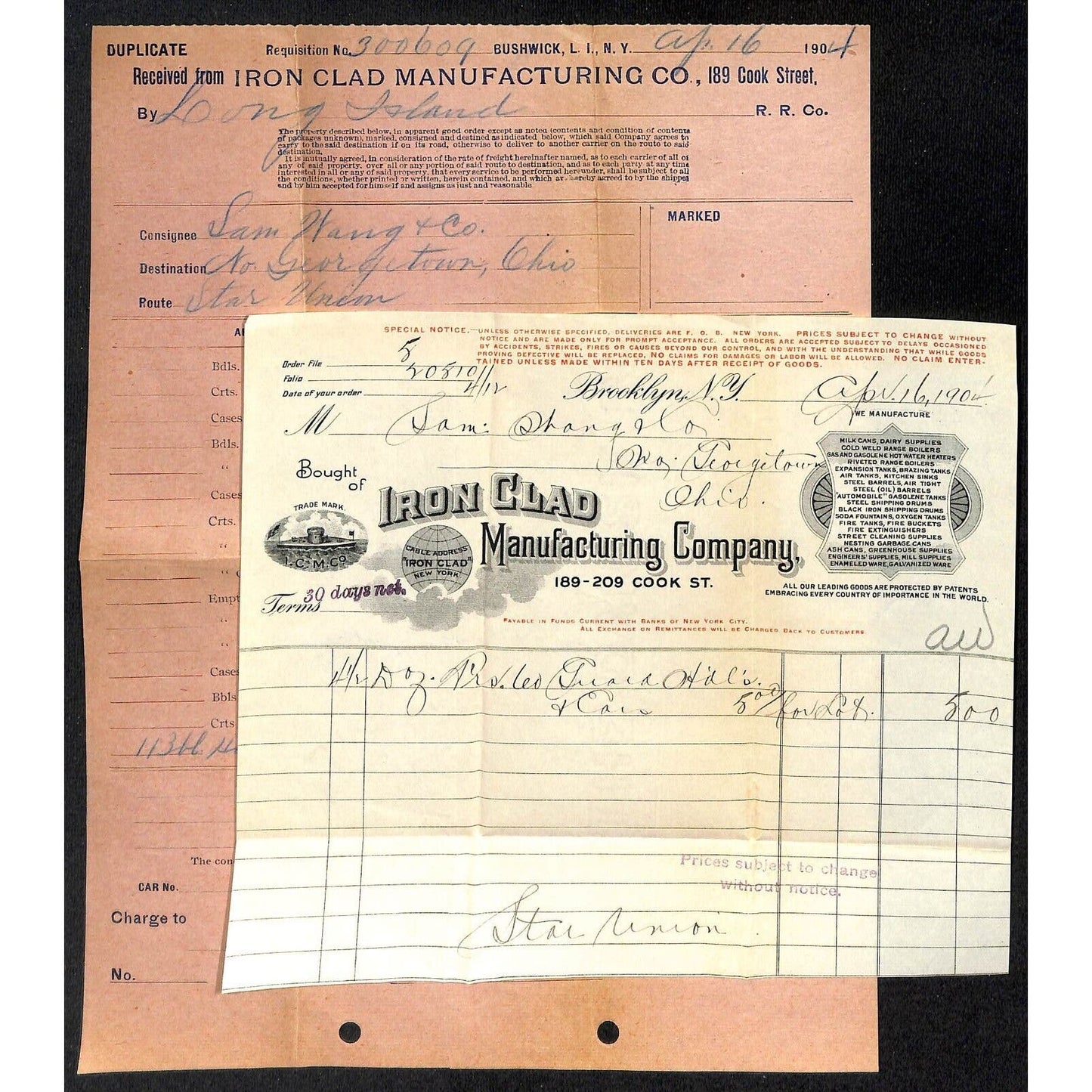 Iron Clad Mfg. Co. Brooklyn Samuel Wang Co* N. Georgetown 1904 Billhead & Cover+