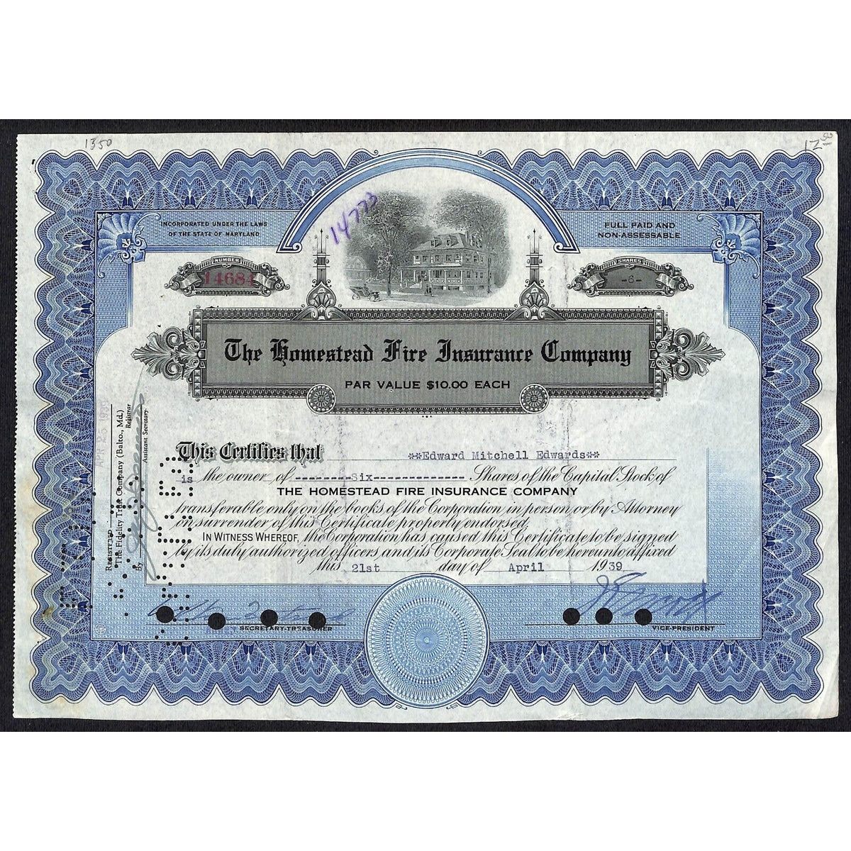 The Homestead Fire Insurance Co. 1939 Stock Certificate Edward Mitchell Edwards