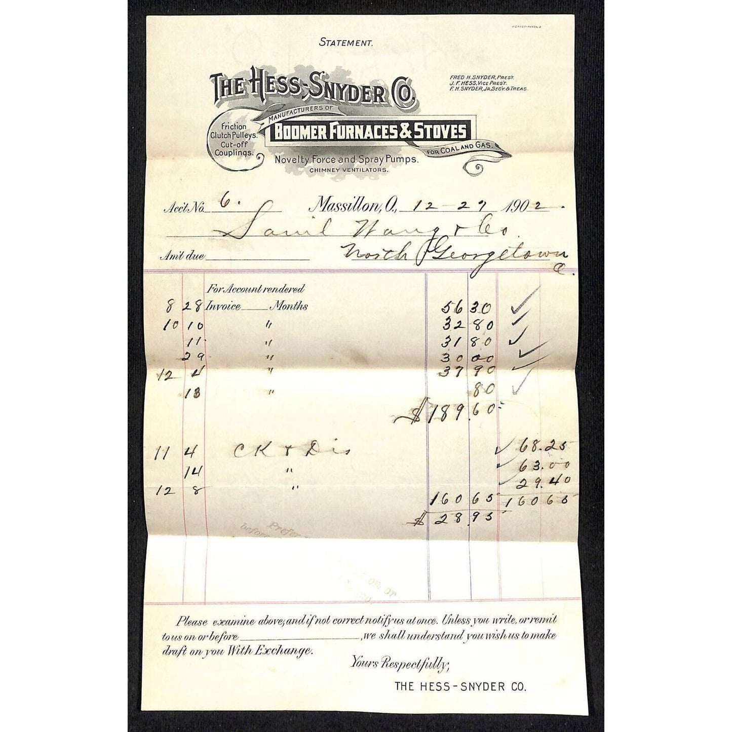 Hess-Snyder Furnaces Massillon OH 1902 Statement Samuel Wang* N. Georgetown , OH