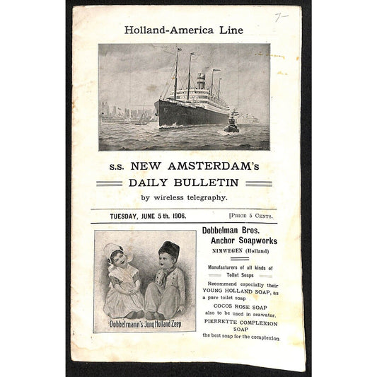 Holland American Line S.S. New Amsterdam Jun 5th 1906 Daily Bulletin 12pp Scarce