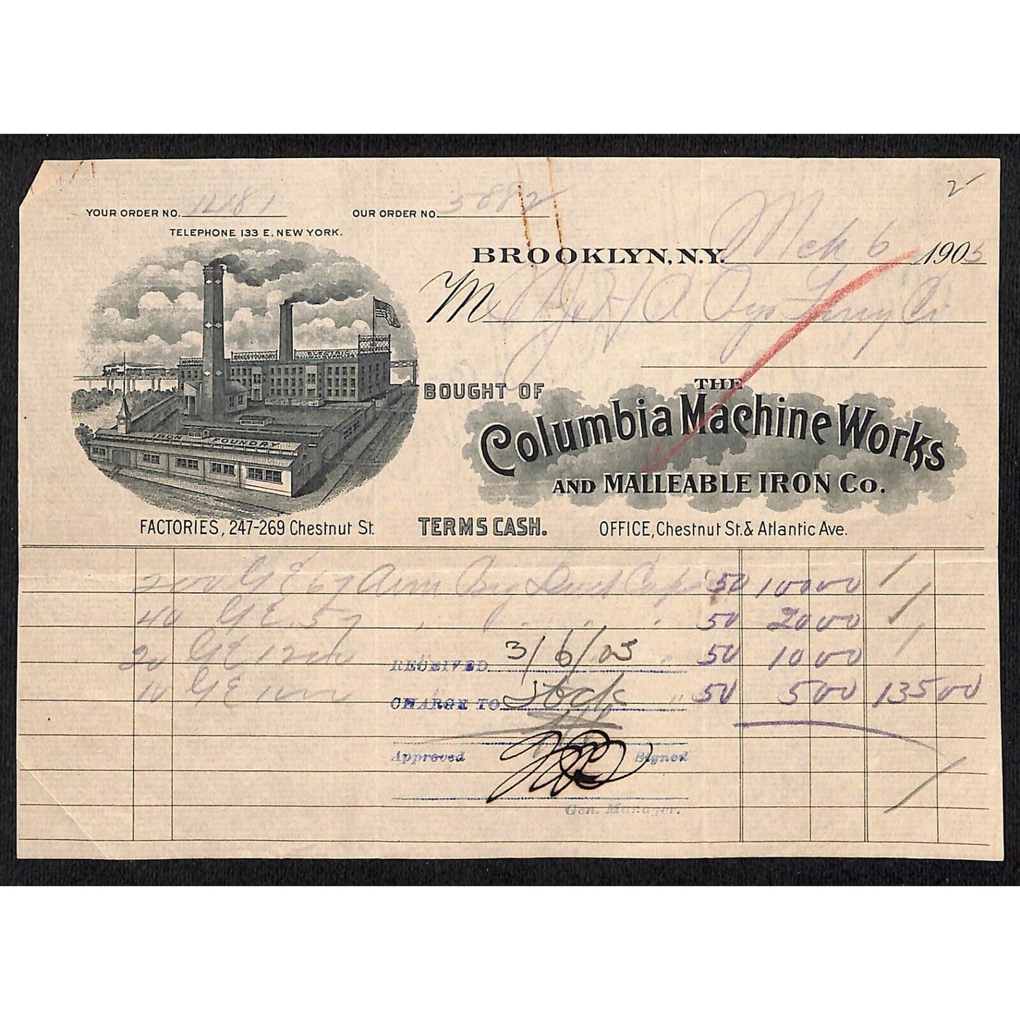 Columbia Machine Works and Malleable Iron Co. Brooklyn NY 1905 Billhead