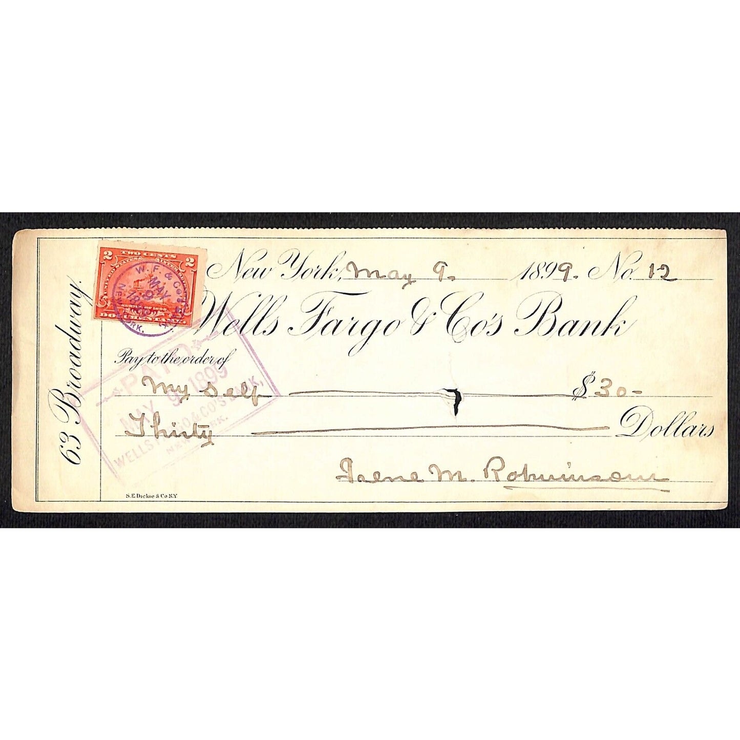 1899 Wells Fargo & Co Bank 63 Broadway NYC Check #12 w/ Rev Stamp "Myself"