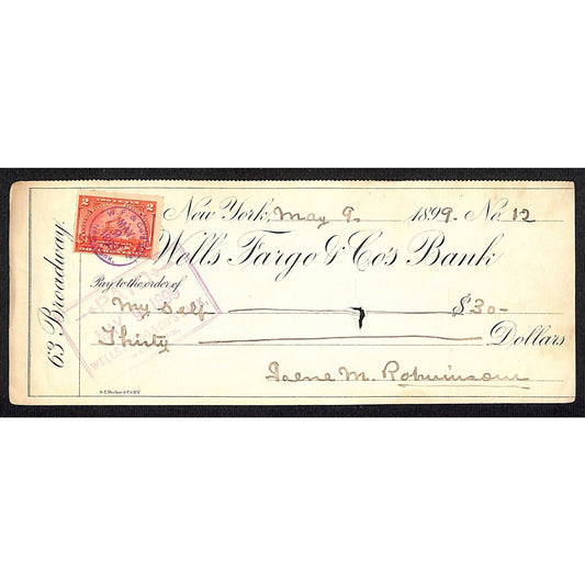 1899 Wells Fargo & Co Bank 63 Broadway NYC Check #12 w/ Rev Stamp "Myself"