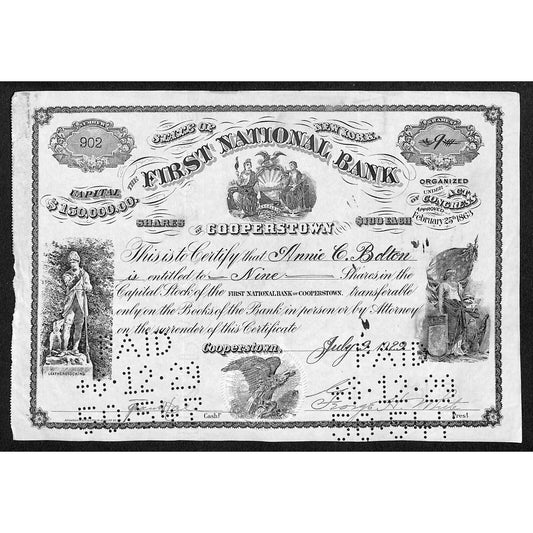 First National Bank of Cooperstown NY 1929 Stock Certificate Annie C. Bolton