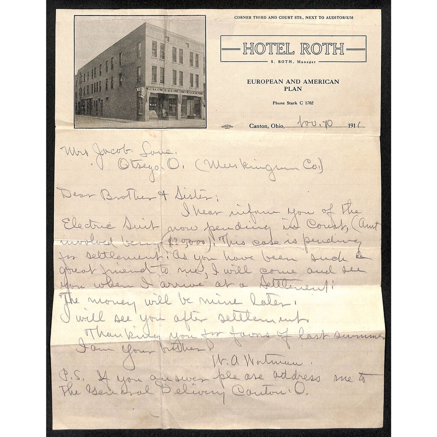 Canton, OH Hotel Roth 1911 Letterhead ALS re" "Electric Suit" $20,000 Scarce