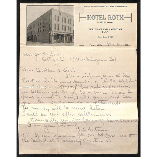 Canton, OH Hotel Roth 1911 Letterhead ALS re" "Electric Suit" $20,000 Scarce