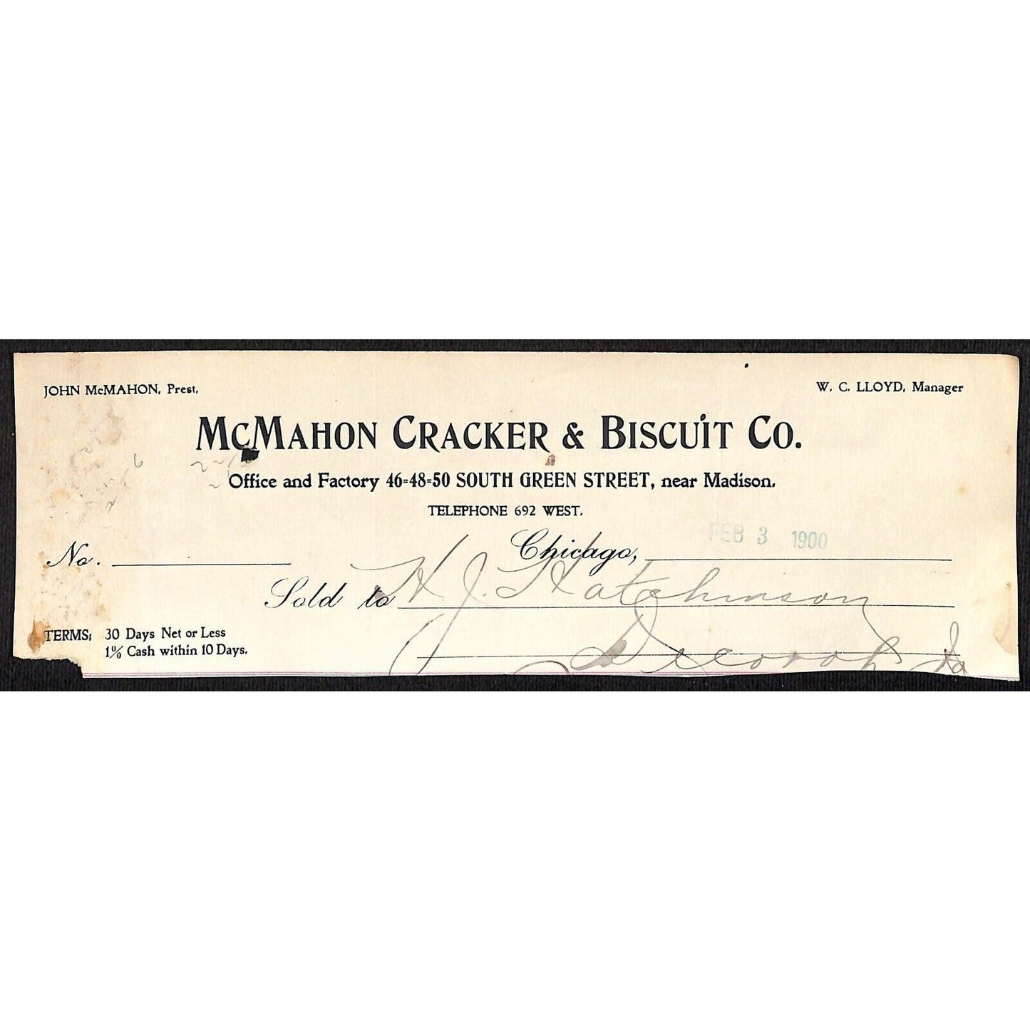 McMahon Cracker Biscuit Co Chicago HJ Hutchinson Decorah, IA* Cut 1901 Billhead