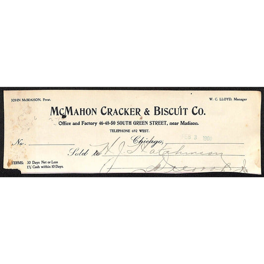 McMahon Cracker Biscuit Co Chicago HJ Hutchinson Decorah, IA* Cut 1901 Billhead