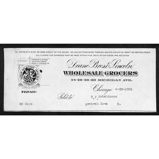 Deane Bros. & Lincoln Chicago Grocers Hutchinson Decorah, IA* Cut 1902 Billhead