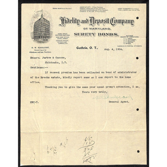 1904 Fidelity and Deposit Co of Maryland Guthrie Office Territorial Letterhead