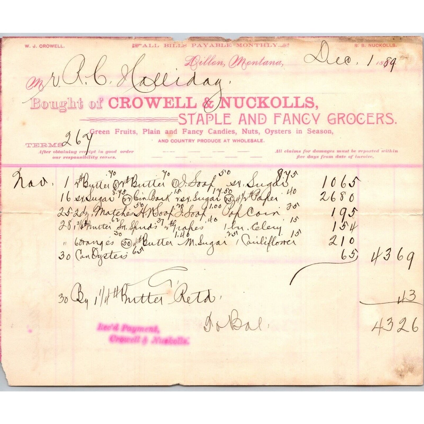 Dillon MT Crowell & Nuckolls Dec. 1889 Billhead Fancy Groceries R.C. Halliday*