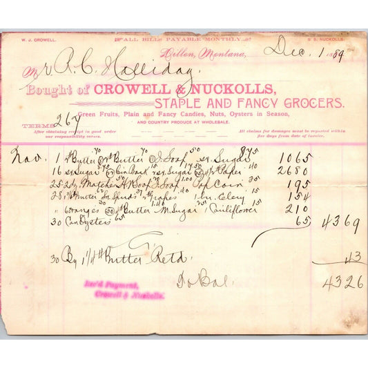 Dillon MT Crowell & Nuckolls Dec. 1889 Billhead Fancy Groceries R.C. Halliday*