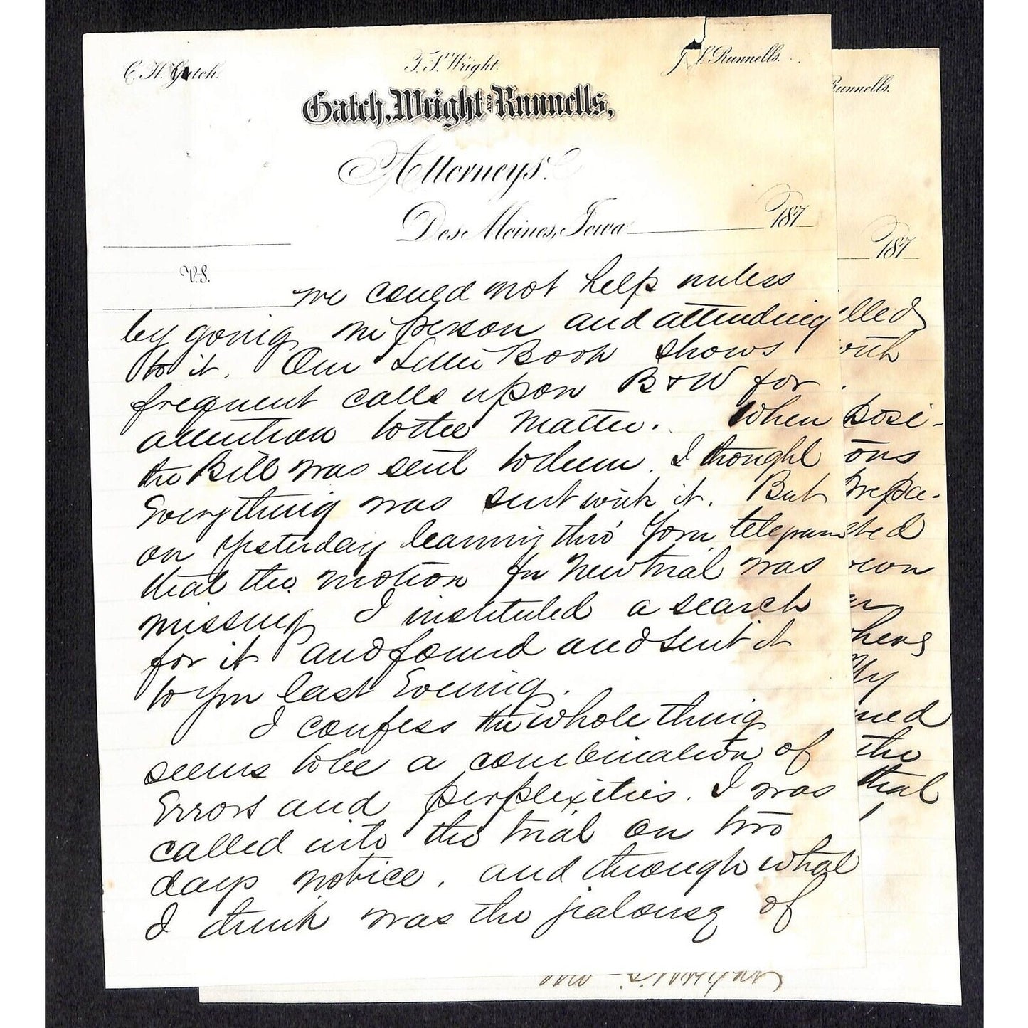 Gatch, Wright and Runnells Des Moines 1873 5pp ALS Letterhead Suit vs. CRI&P RR