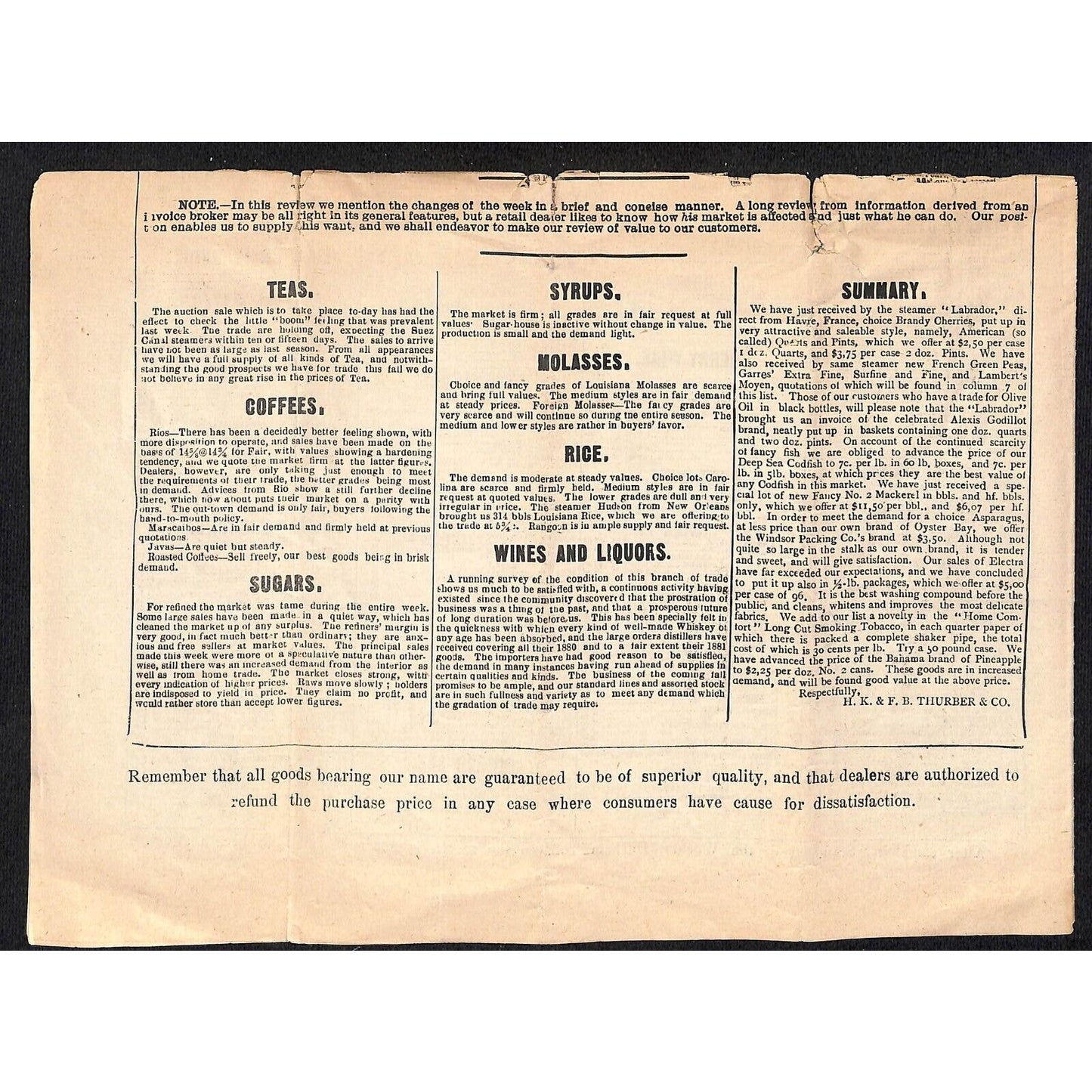 H.K. & F.B. Thurber & Co NYC 1880 Newspaper-Style Whsl. Food Price List TORN*