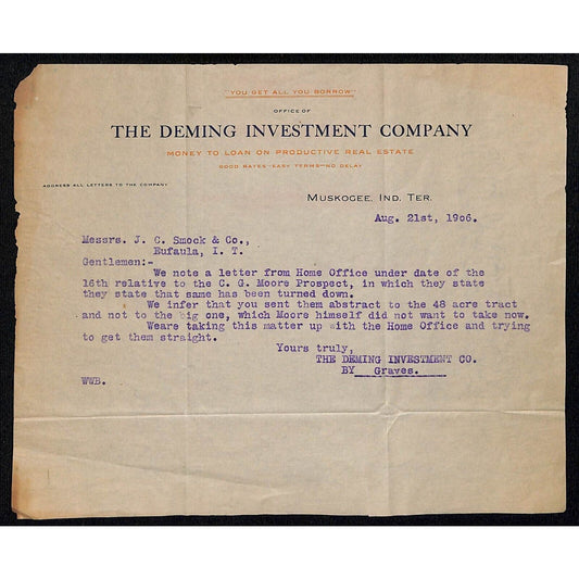 1906 Deming Investment Co. Muskogee, OK Indian Territory Letterhead