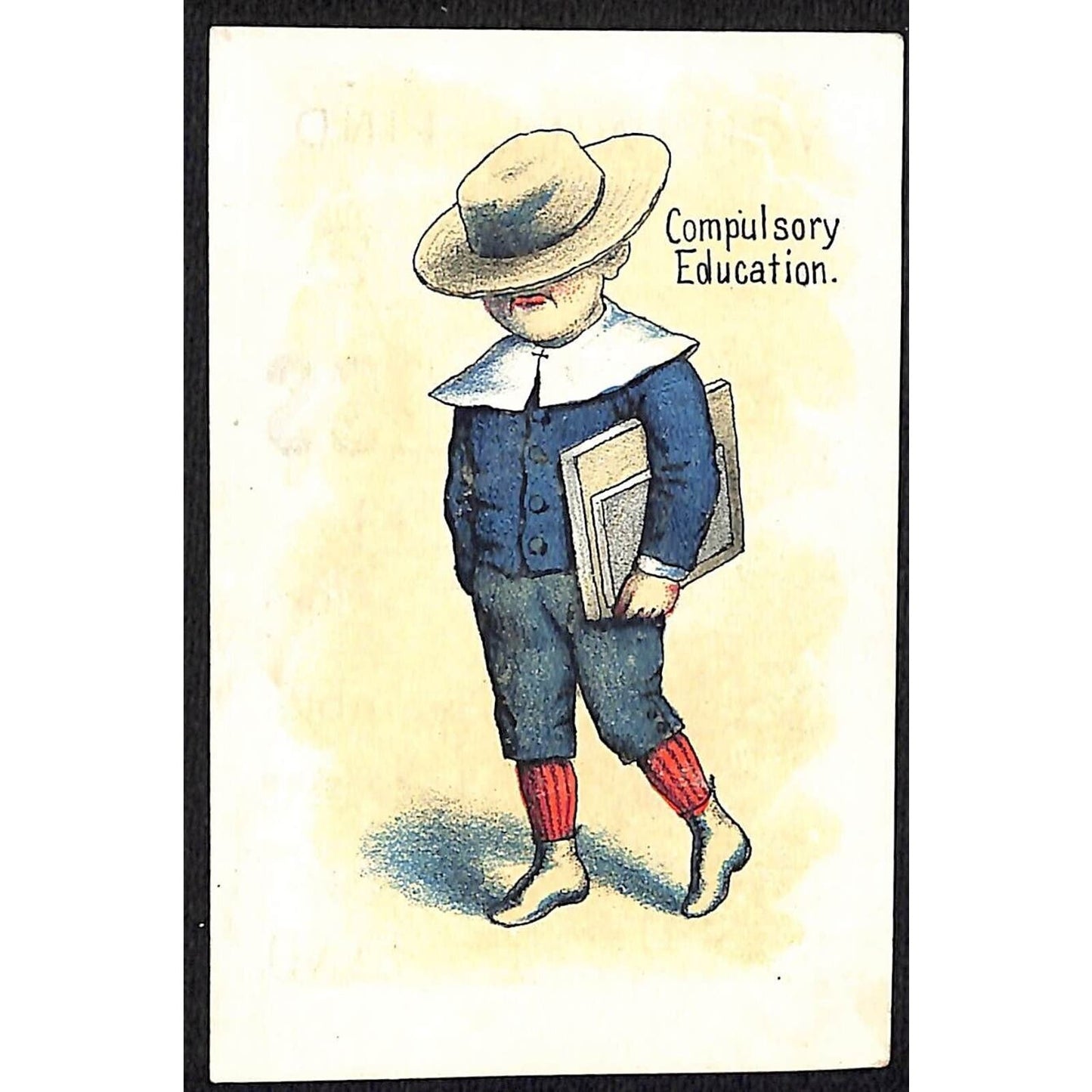 Faultless Starch Victorian Trade Card "Compulsory Education" Man Walking Books