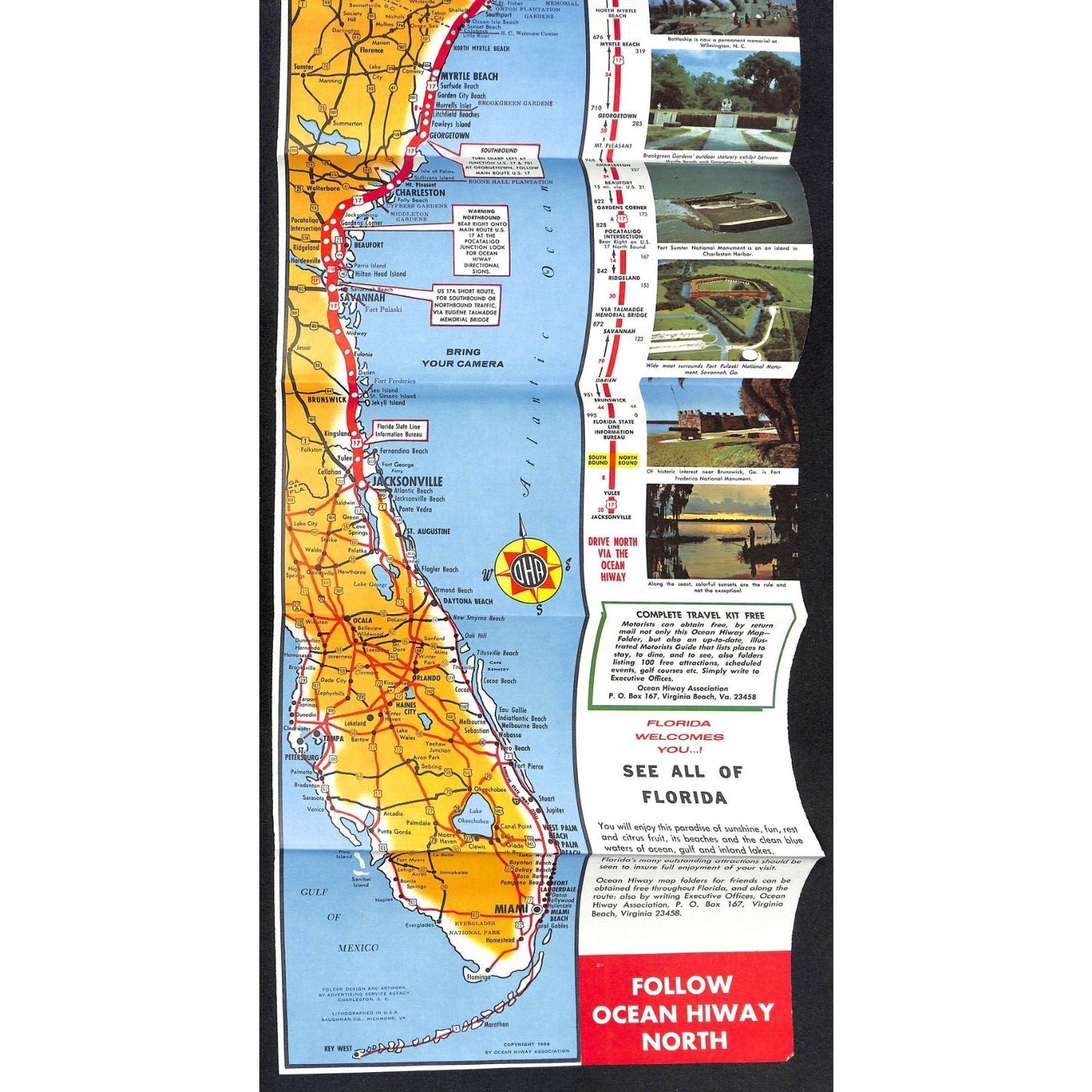 New York Ocean Hiway Florida 1968 Long Fold Out Travel Map / Brochure VGC