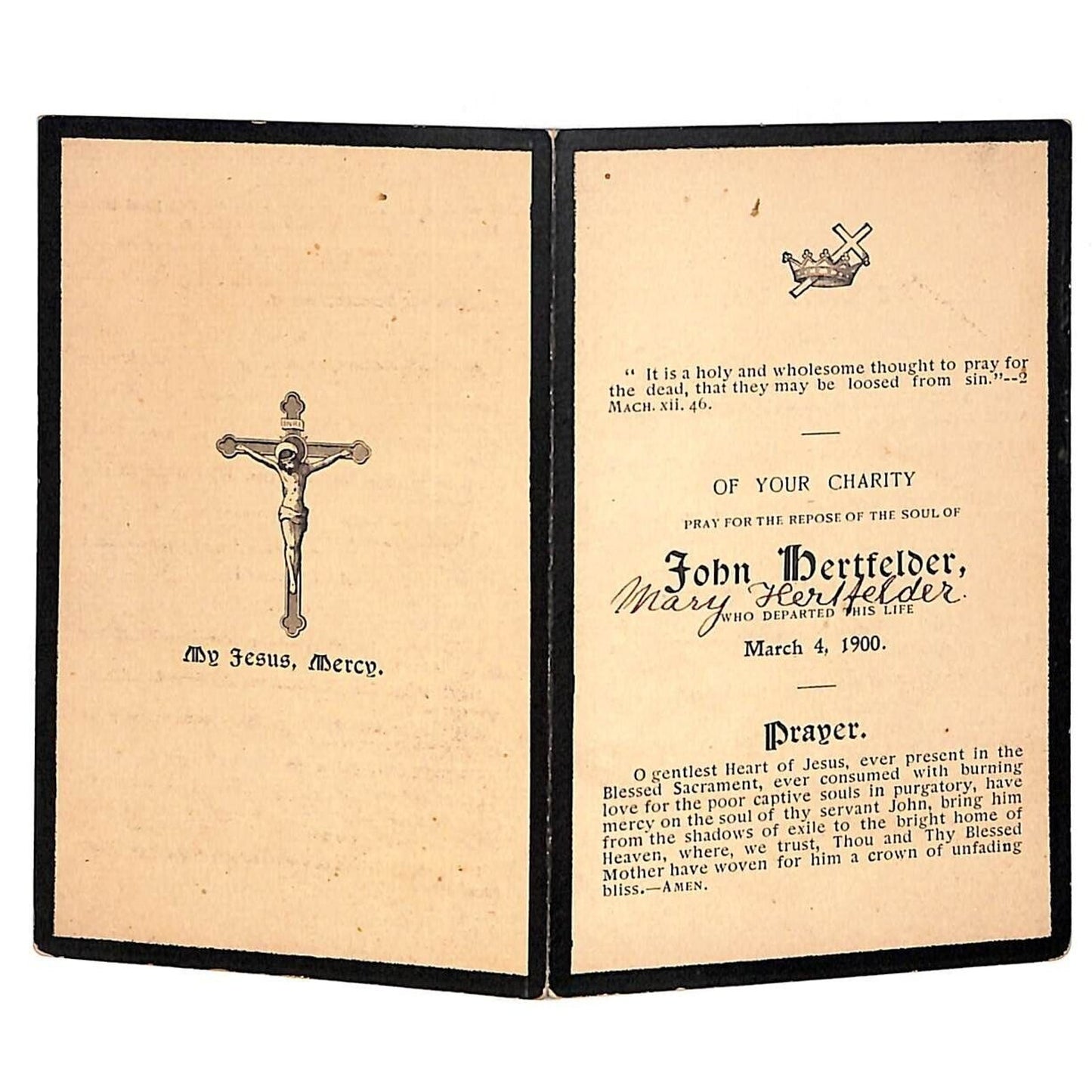 John Hertfelder (Phila. Tailor) 1900 Funeral Prayer Card (St. Teresa's Church)