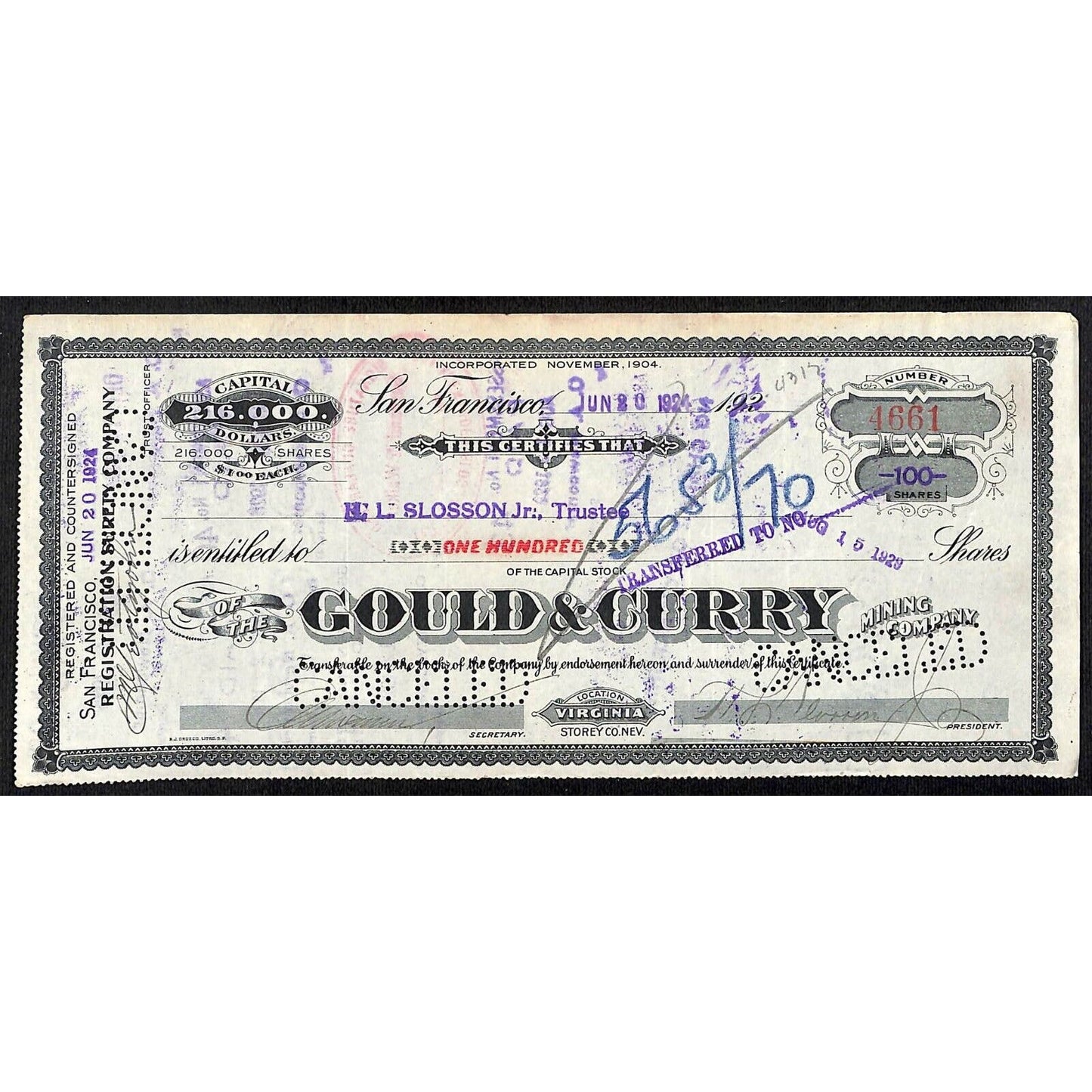 Gould & Curry Mining Company San Francisco 1924 Stock Certificate #4661 VGC