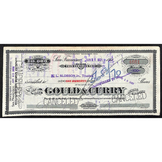 Gould & Curry Mining Company San Francisco 1924 Stock Certificate #4661 VGC